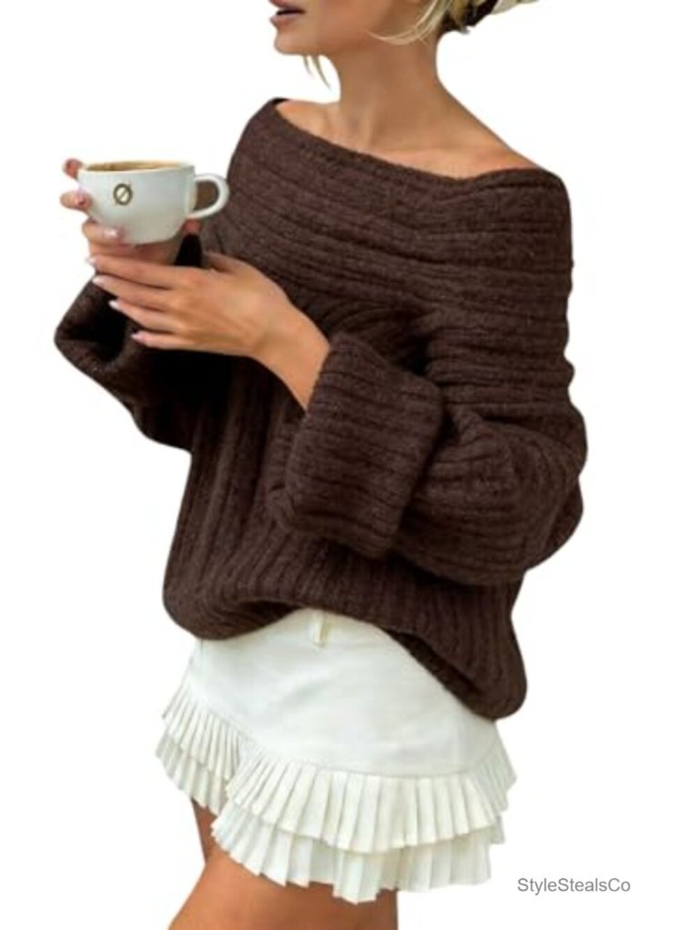 Off Shoulder Chunky Knit Long Sleeve Sweater Loose Fit Pullover